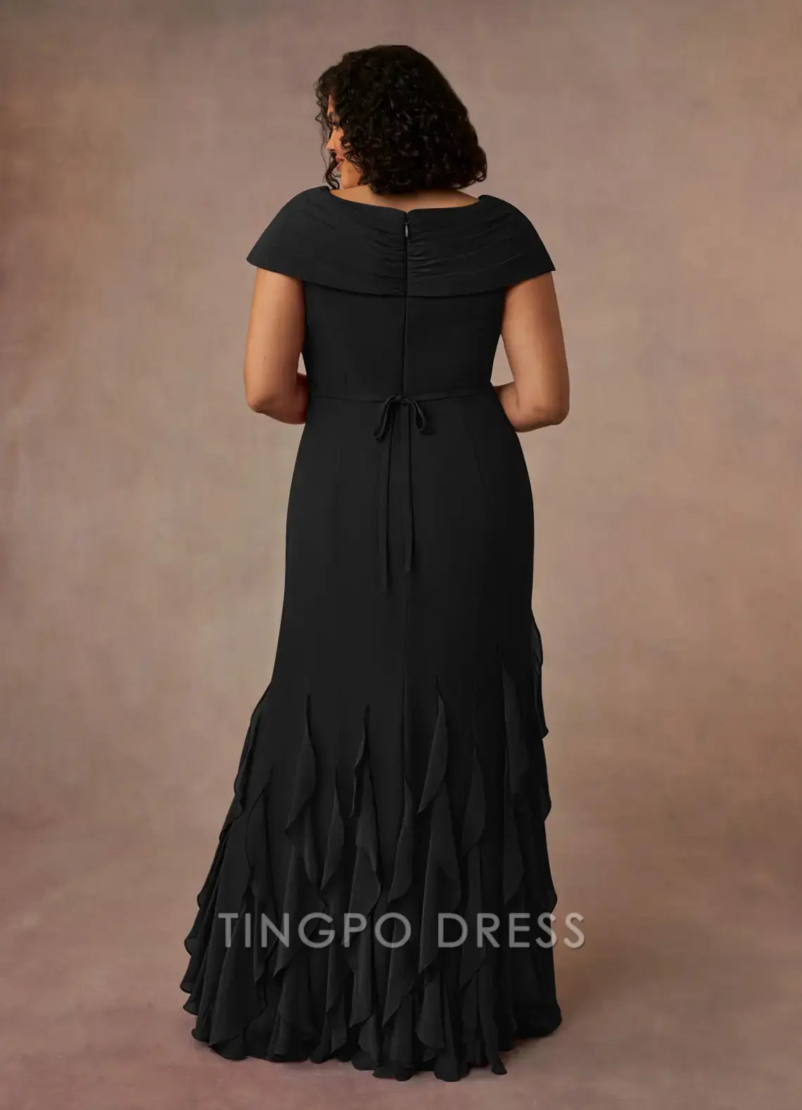TingPo Wholesale Elegant Plus - Size V - Neck Mermaid Gown with Off - Shoulder Sleeves and Ruffled Hem for Formal Occasions